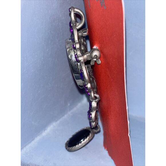 Frida Kahlo Antique Silver Tone Victorian Filigree Large Oval Brooch Purple Pin - Picture 3 of 4